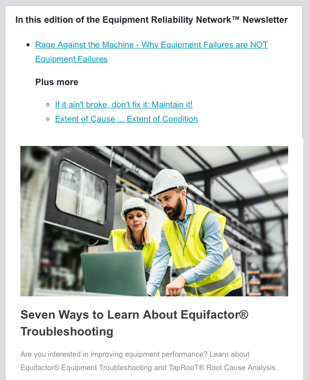 Sample Equipment Reliability Network™ Newsletter